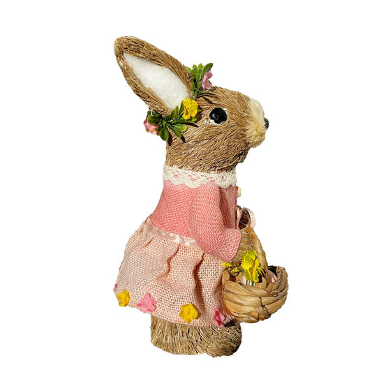 11" Brown And Pink Straw Rabbit Easter Easter Bunny Figurine