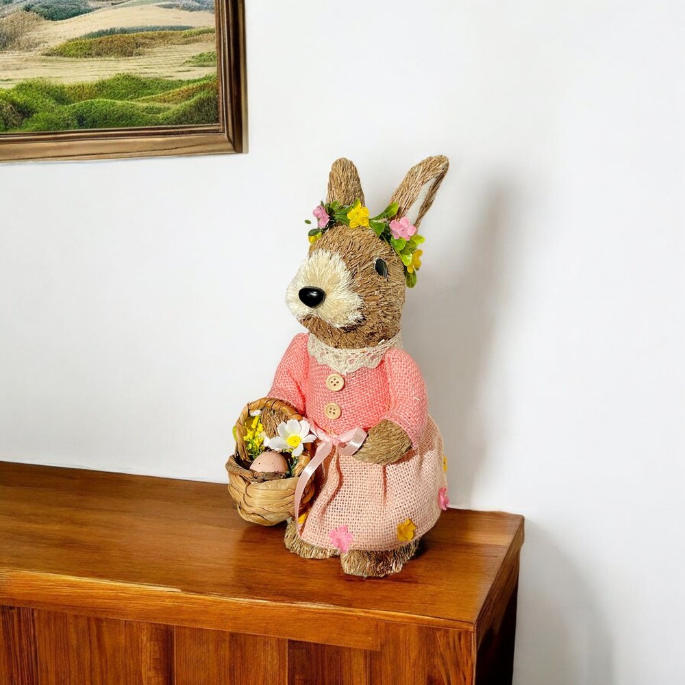 11" Brown And Pink Straw Rabbit Easter Easter Bunny Figurine
