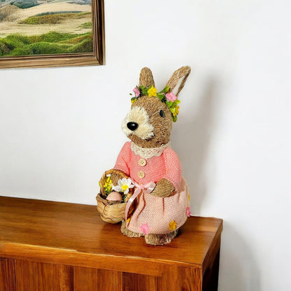 11" Brown And Pink Straw Rabbit Easter Easter Bunny Figurine