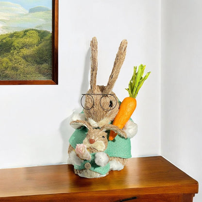 11" Baby Blue Brown And Orange Straw Rabbit Easter Easter Bunny Figurine