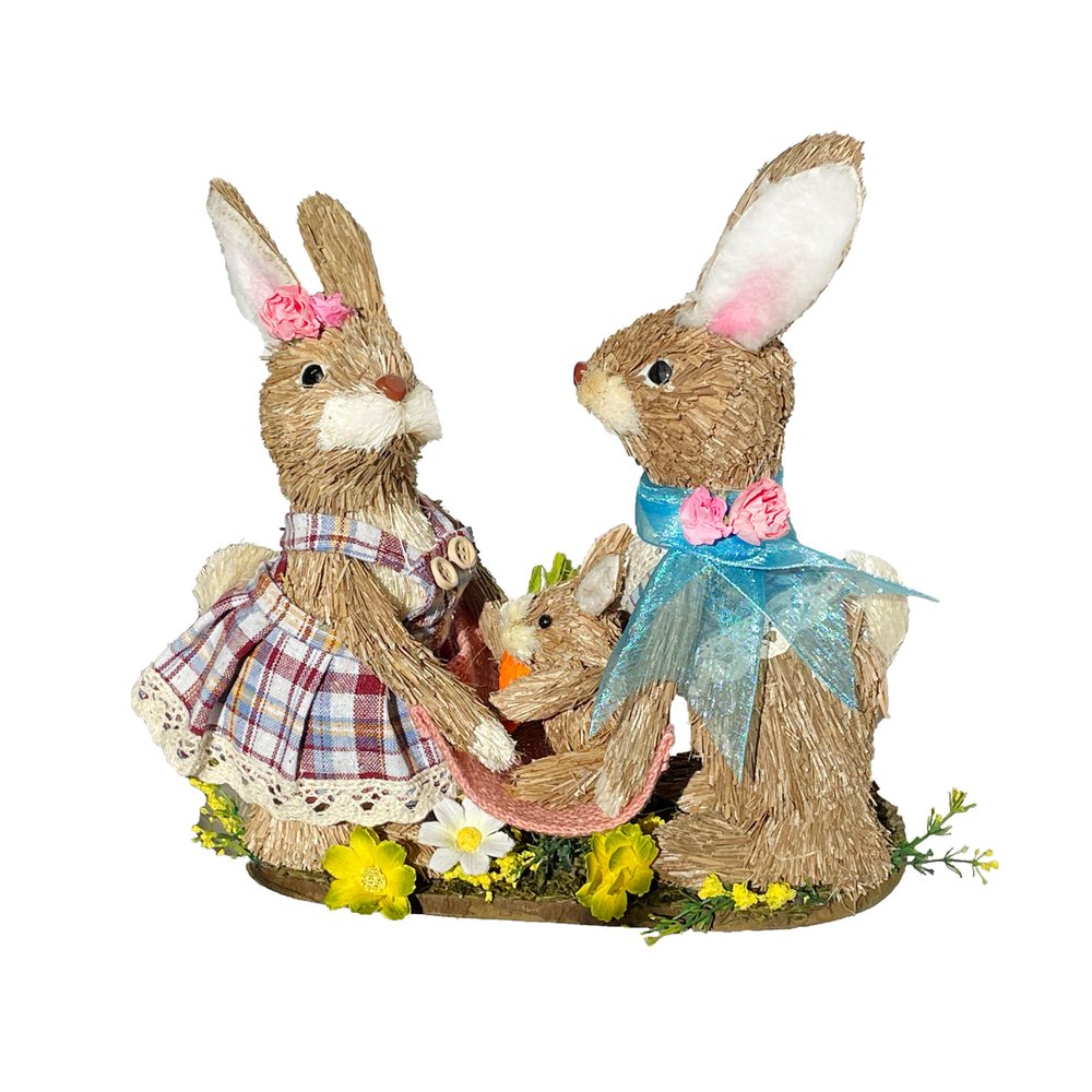 10" Blue Pink And Brown Straw Rabbit Easter Easter Bunny Figurine