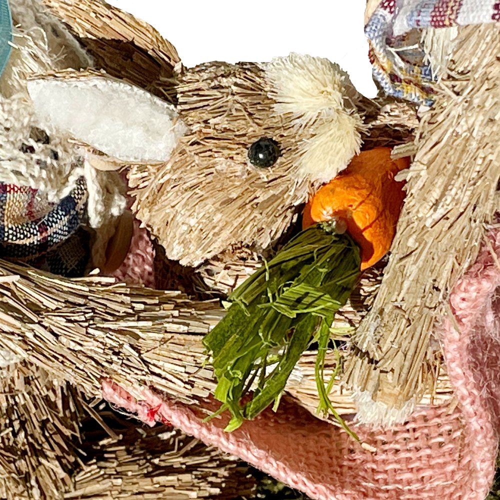 10" Blue Pink And Brown Straw Rabbit Easter Easter Bunny Figurine