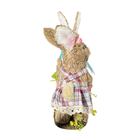 10" Blue Pink And Brown Straw Rabbit Easter Easter Bunny Figurine