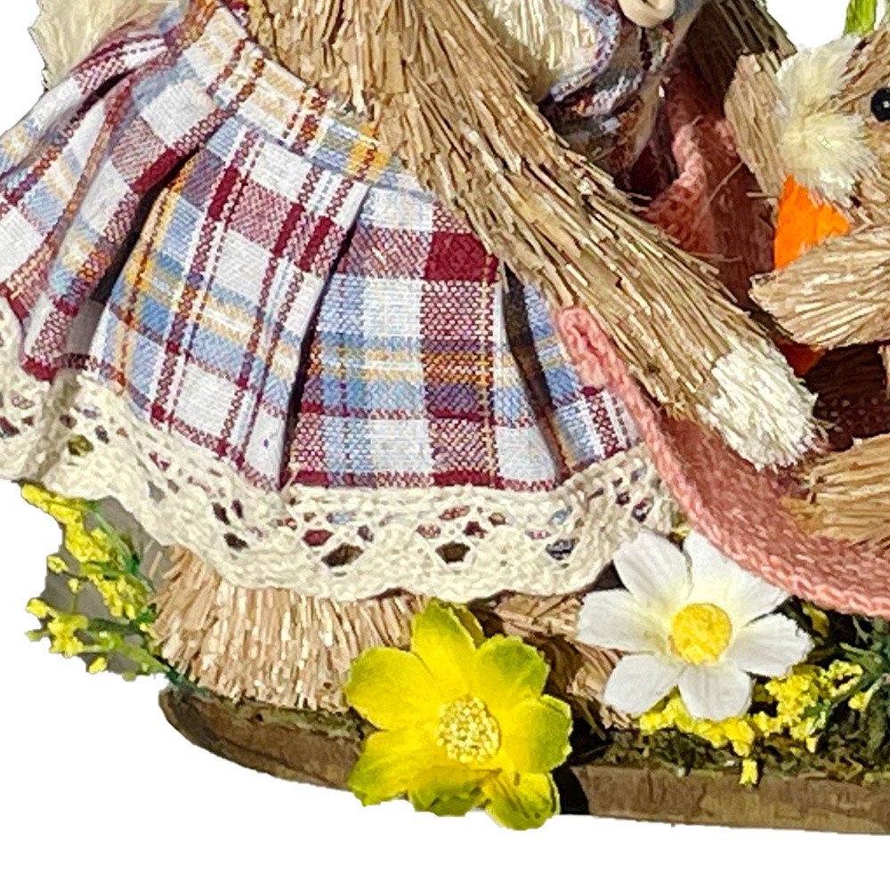 10" Blue Pink And Brown Straw Rabbit Easter Easter Bunny Figurine