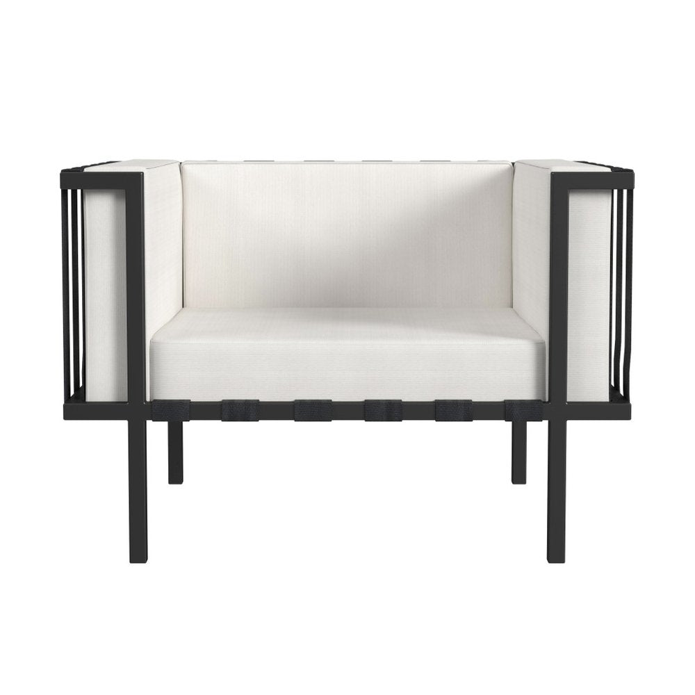 33" Black Metal Outdoor Arm Chair with Off White Cushion