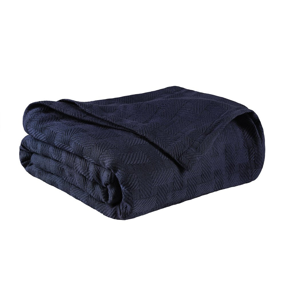 California King Navy Blue Cotton Basketweave Geometric Blanket