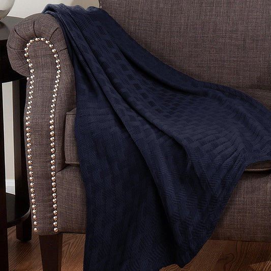 California King Navy Blue Cotton Geometric Basketweave Blanket