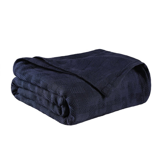 Queen Navy Blue Cotton Geometric Basketweave Blanket