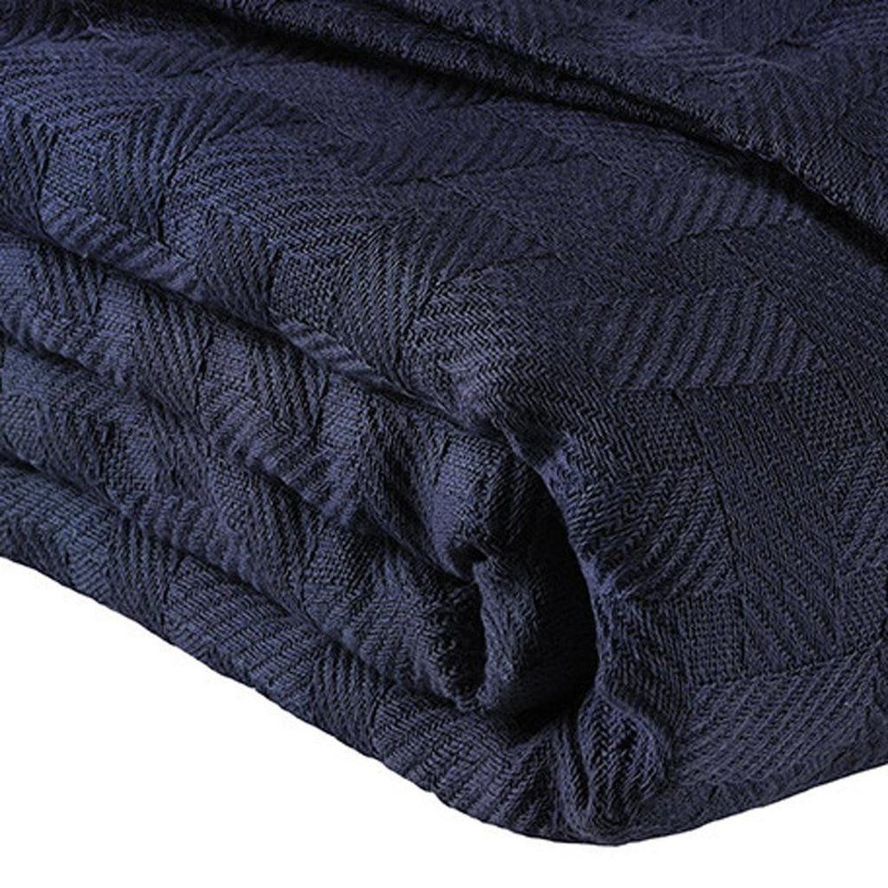 Queen Navy Blue Cotton Geometric Basketweave Blanket