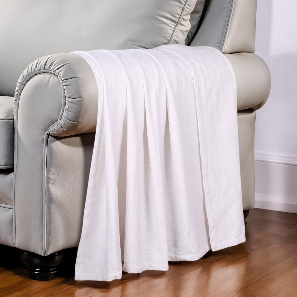 Queen White Cotton Basketweave Geometric Blanket