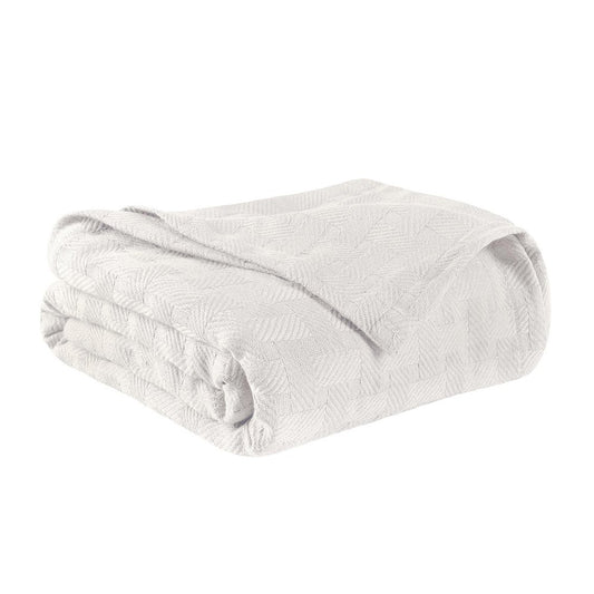 Queen White Cotton Basketweave Geometric Blanket