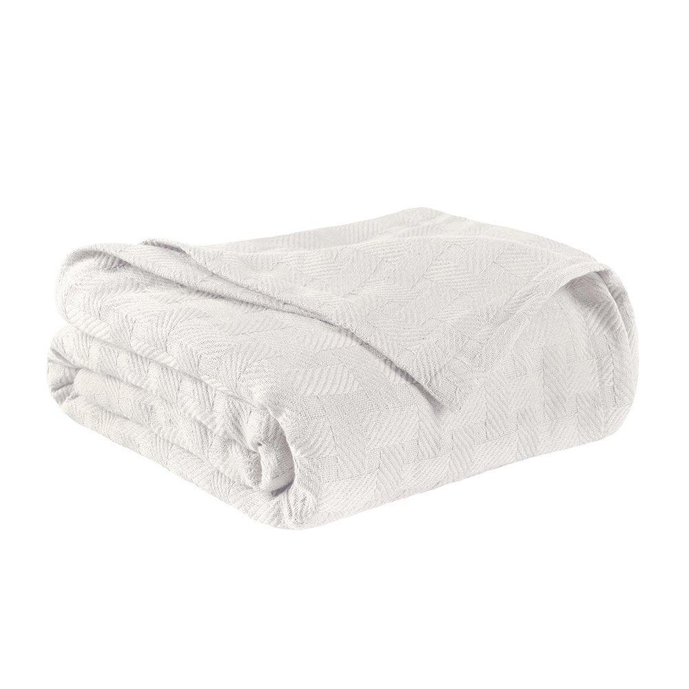 Queen White Cotton Basketweave Geometric Blanket