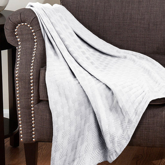 Queen White Cotton Basketweave Geometric Blanket
