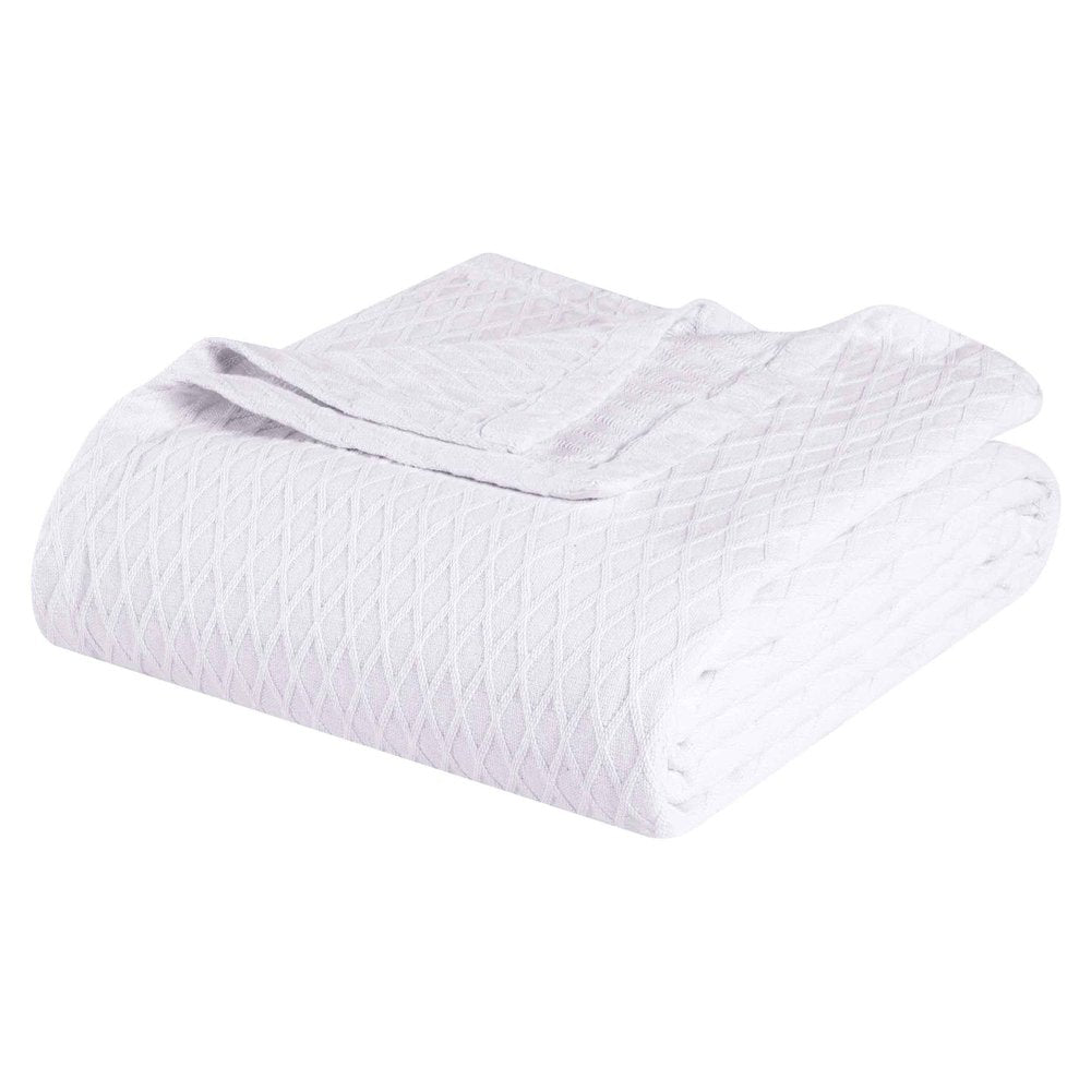 Queen White Cotton Plain Weave Geometric Blanket