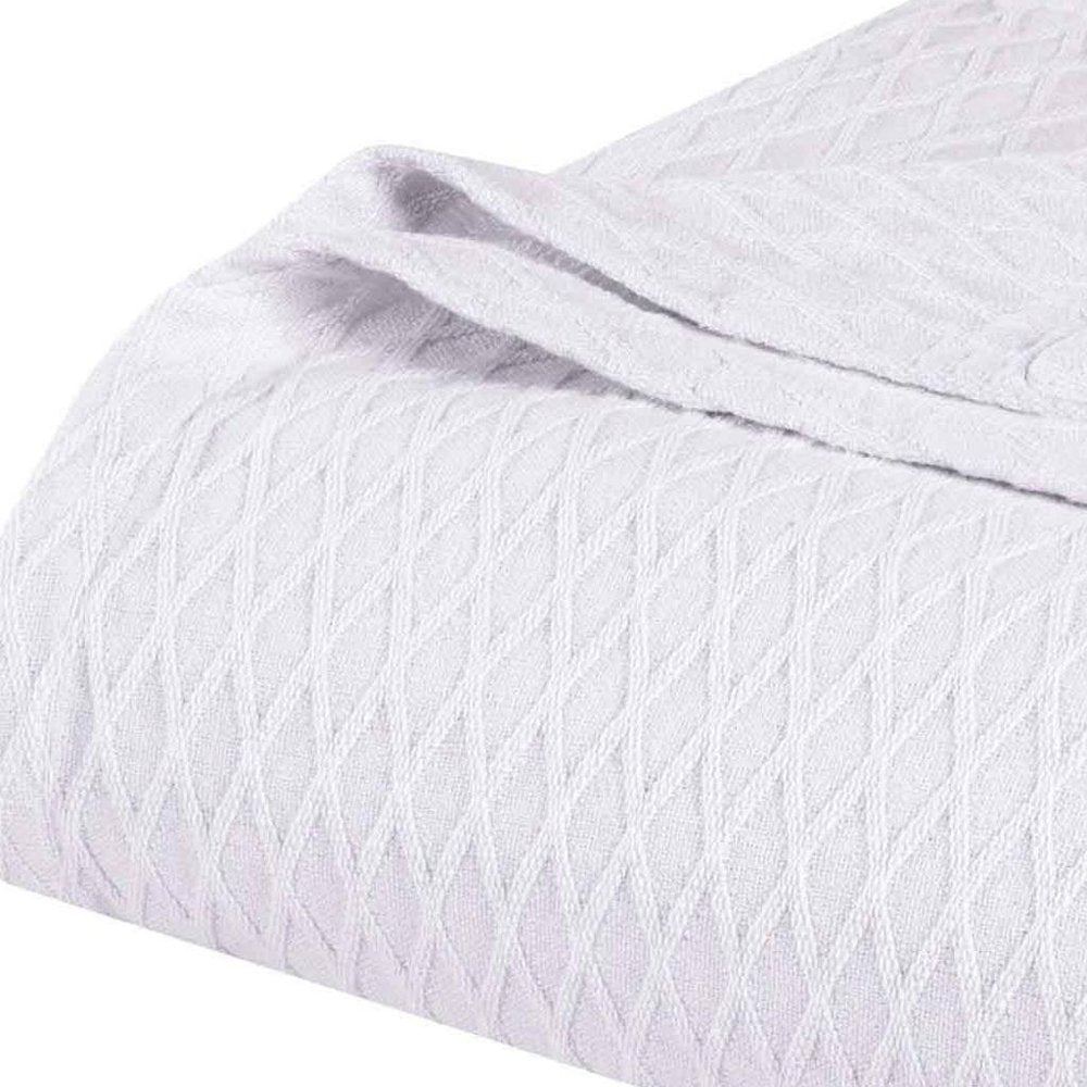 Queen White Cotton Plain Weave Geometric Blanket