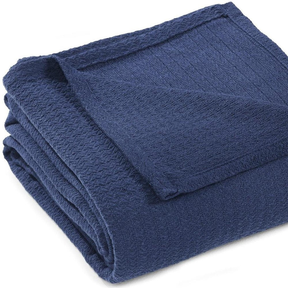 Queen Navy Blue Cotton Waffle Weave Blanket