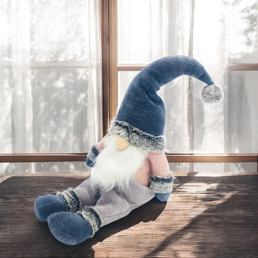 27" Blue Pink And White Fabric Christmas Santa Sitting Gnome