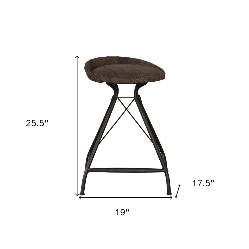 25" Brown And Black Leather And Genuine Leather And Iron Low Back Counter Height Swivel Bar Chair