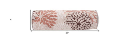 6" X 20" Brown Beige and Ivory Bolster Floral Indoor Outdoor Throw Pillow