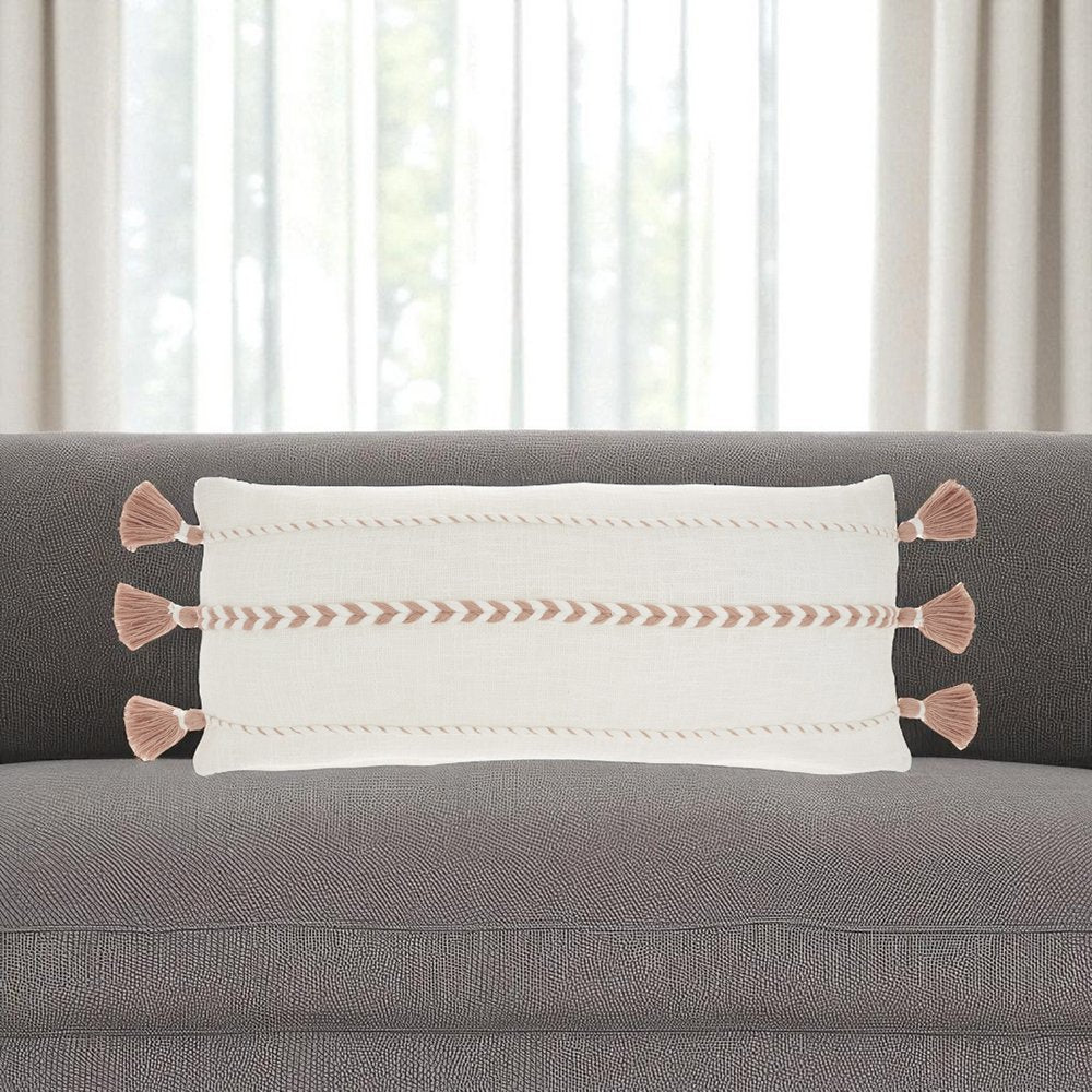 12" X 30" Pink and White Striped Cotton Lumbar Throw Pillow With Tassels