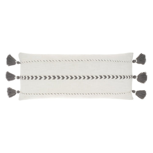 12" X 30" Gray and White Striped Cotton Lumbar Throw Pillow With Tassels