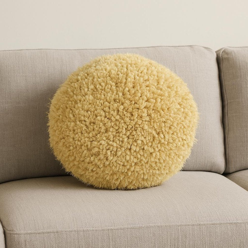 14" X 14" Yellow Round Shag Throw Pillow