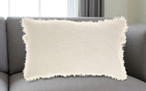 14" X 24" Ivory Cotton Throw Pillow With Fringe