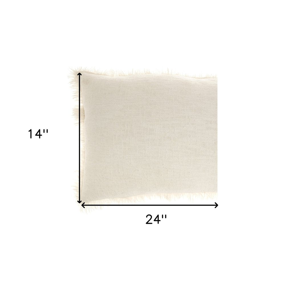 14" X 24" Ivory Cotton Throw Pillow With Fringe