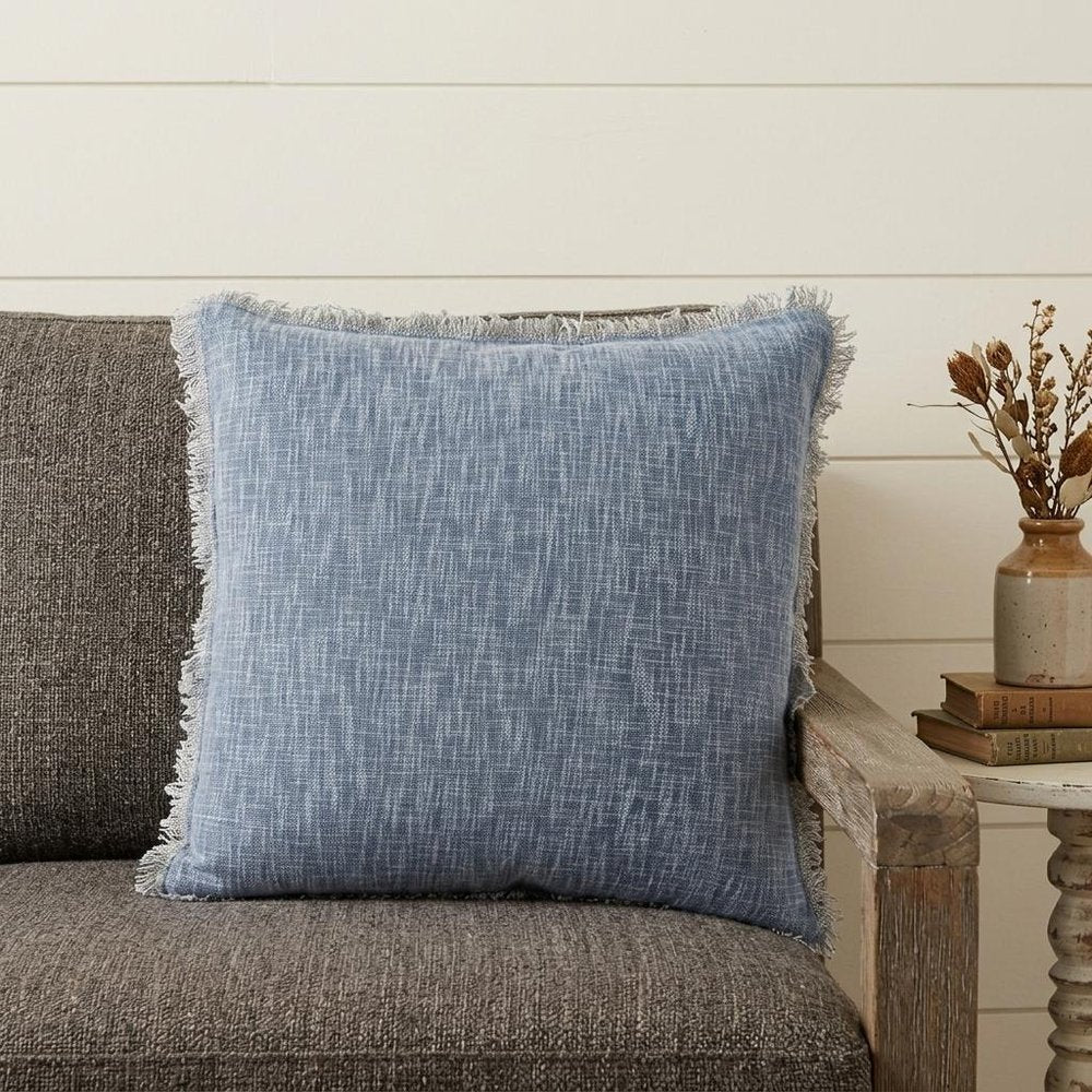 22" Blue Cotton Throw Pillow With Fringe