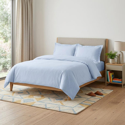 Light Blue Queen Cotton Blend Washable Duvet Cover Set