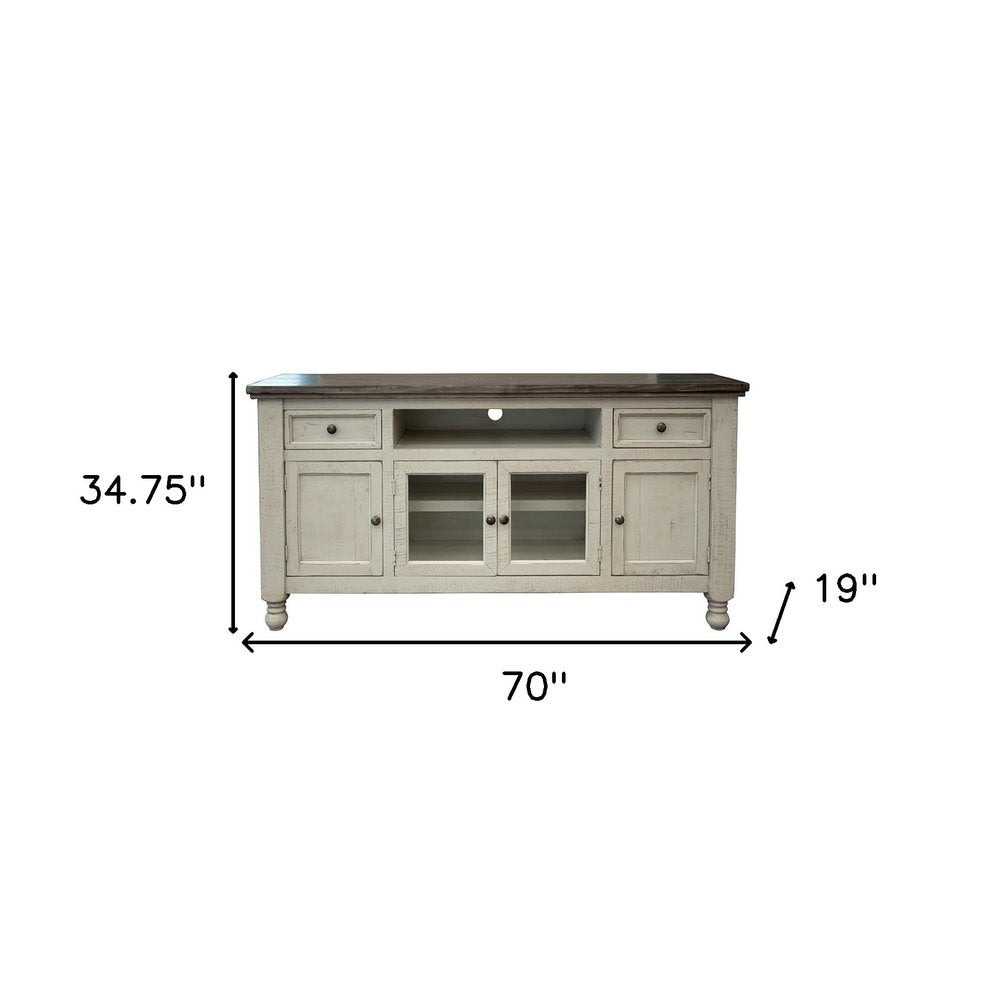 70" Ivory Solid Wood Enclosed Storage Distressed TV Stand