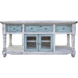 70" Blue and White Solid Wood Open shelving Distressed TV Stand