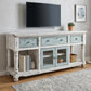 70" Blue and White Solid Wood Open shelving Distressed TV Stand