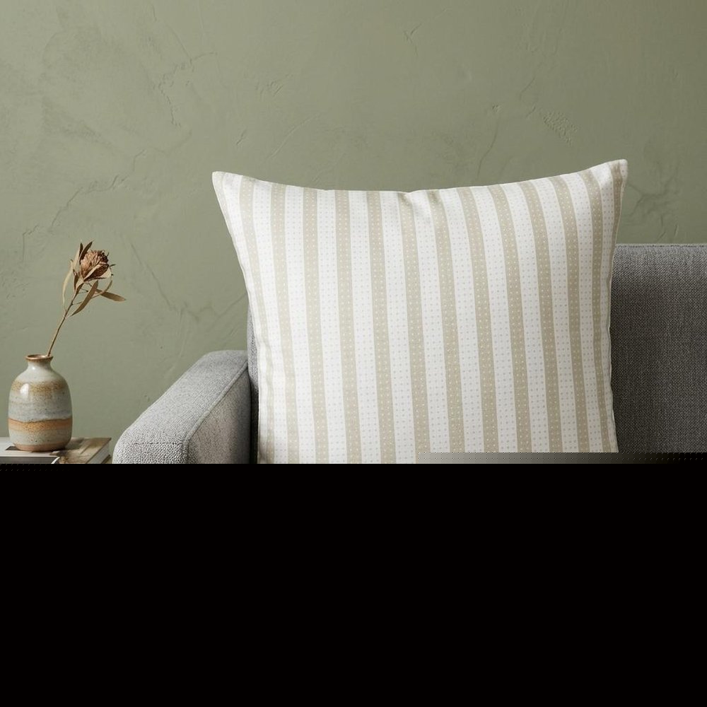 16" Taupe and White Striped Cotton Throw Pillow