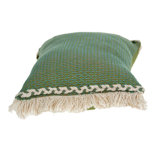 14" X 20" Green And Beige Cotton Lumbar Throw Pillow with Embroidery and Fringe