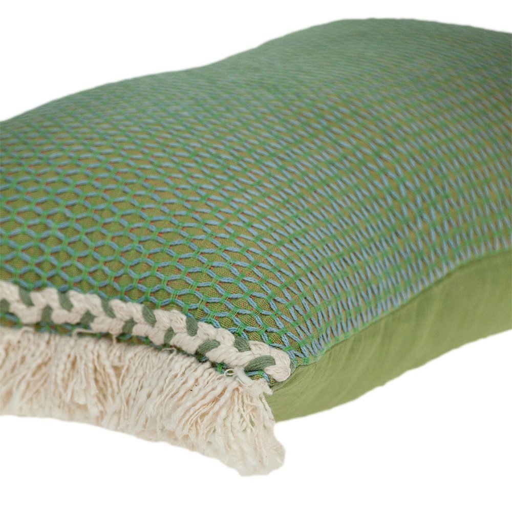 14" X 20" Green And Beige Cotton Lumbar Throw Pillow with Embroidery and Fringe