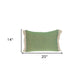 14" X 20" Green And Beige Cotton Lumbar Throw Pillow with Embroidery and Fringe