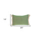 14" X 20" Green And Beige Cotton Lumbar Throw Pillow with Embroidery and Fringe