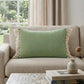 14" X 20" Green And Beige Cotton Lumbar Throw Pillow with Embroidery and Fringe