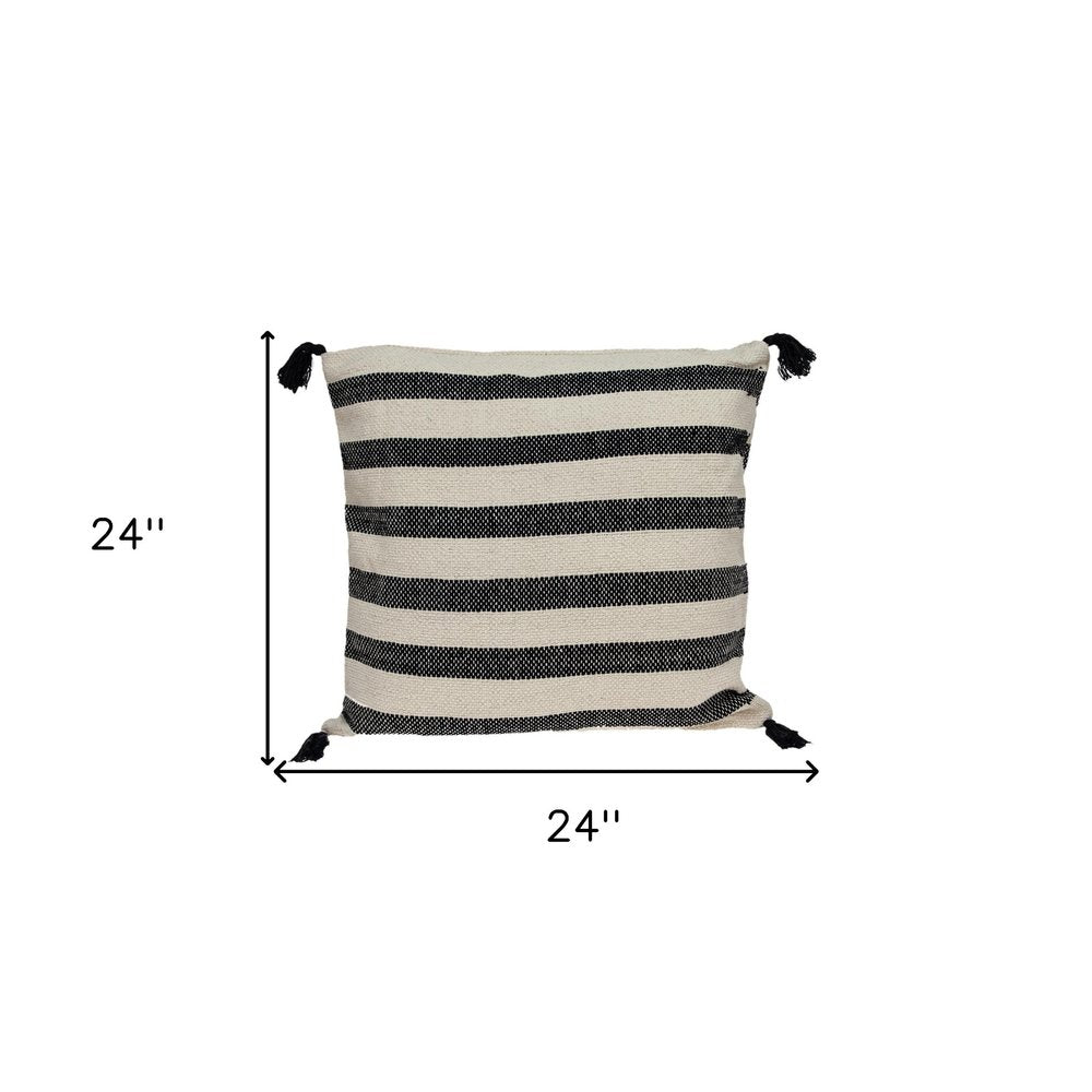 24" Beige and Black Striped Cotton Throw Pillow With Tassels