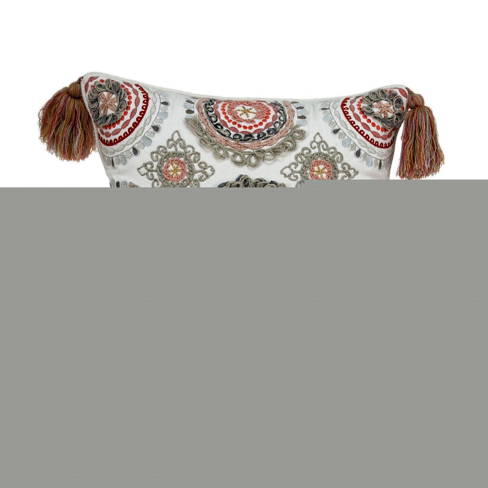 18" Red and White Floral Cotton Throw Pillow With Embroidery, Tassels