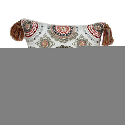 18" Red and White Floral Cotton Throw Pillow With Embroidery, Tassels