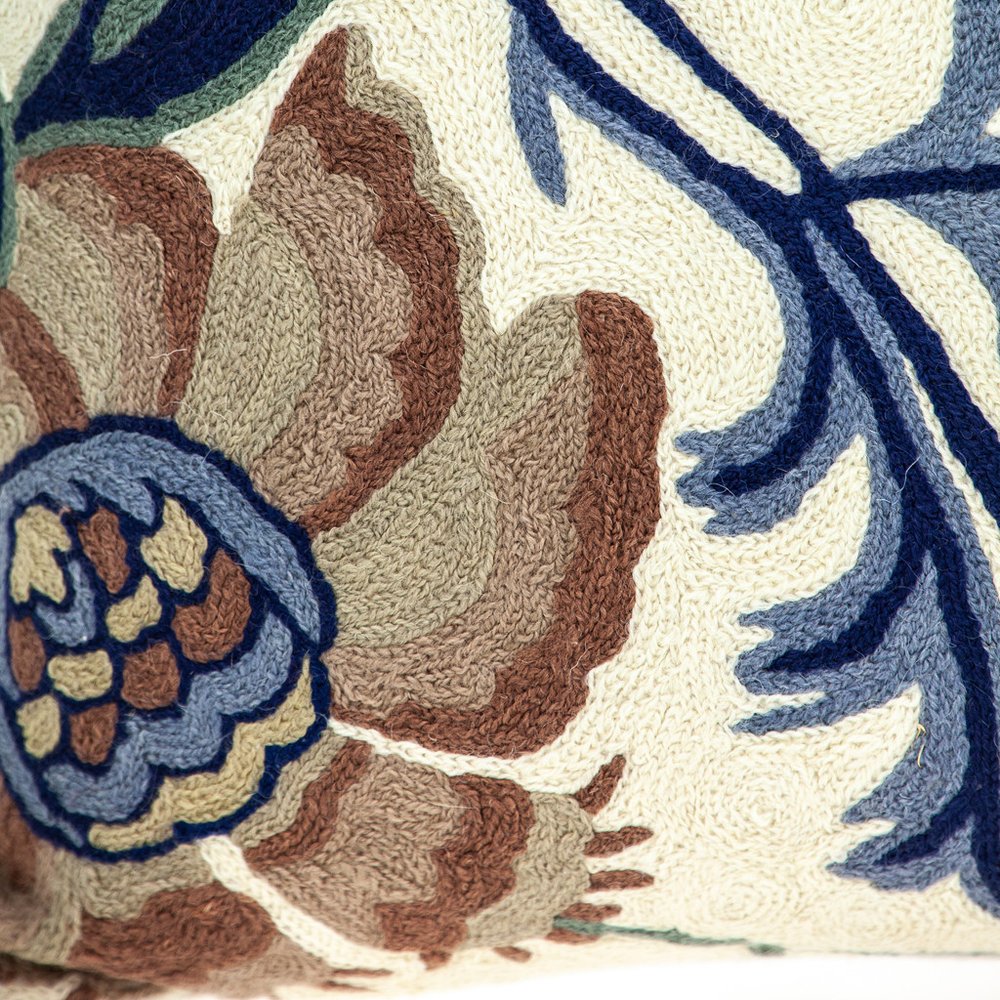 20" Blue and Beige Floral Wool Throw Pillow With Embroidery
