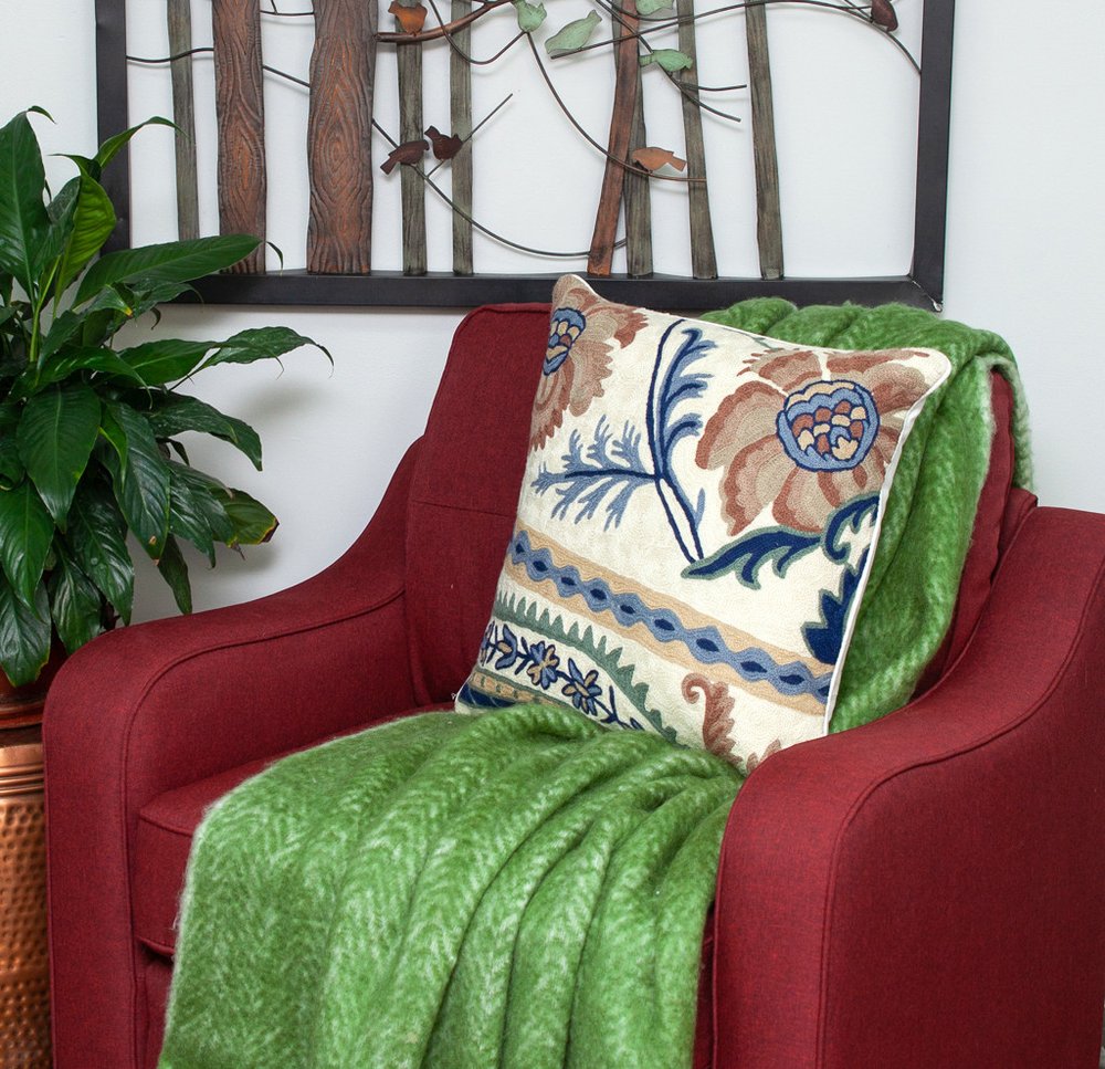 20" Blue and Beige Floral Wool Throw Pillow With Embroidery