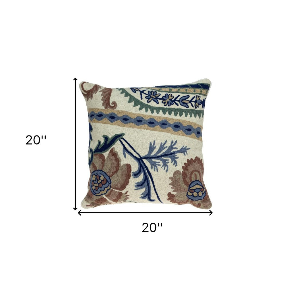 20" Blue and Beige Floral Wool Throw Pillow With Embroidery