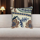 20" Blue and Beige Floral Wool Throw Pillow With Embroidery