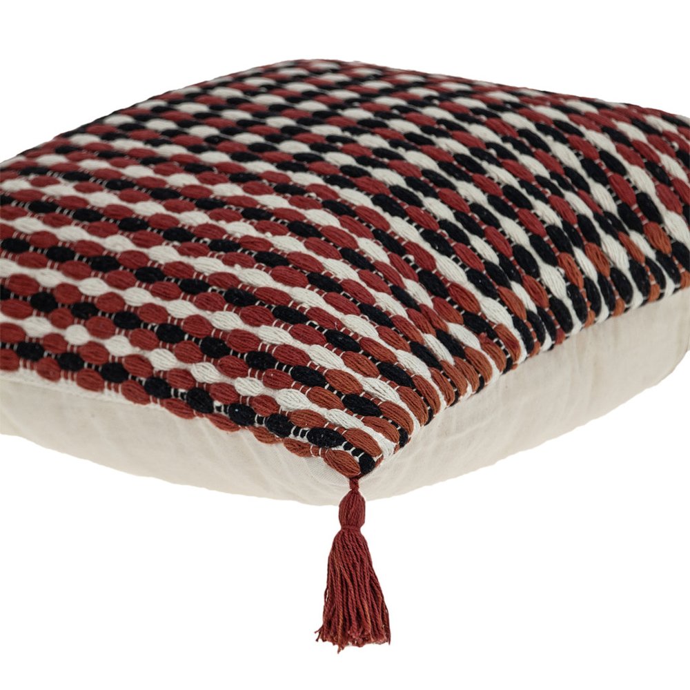 20" Red and Black Cotton Throw Pillow with Tassels