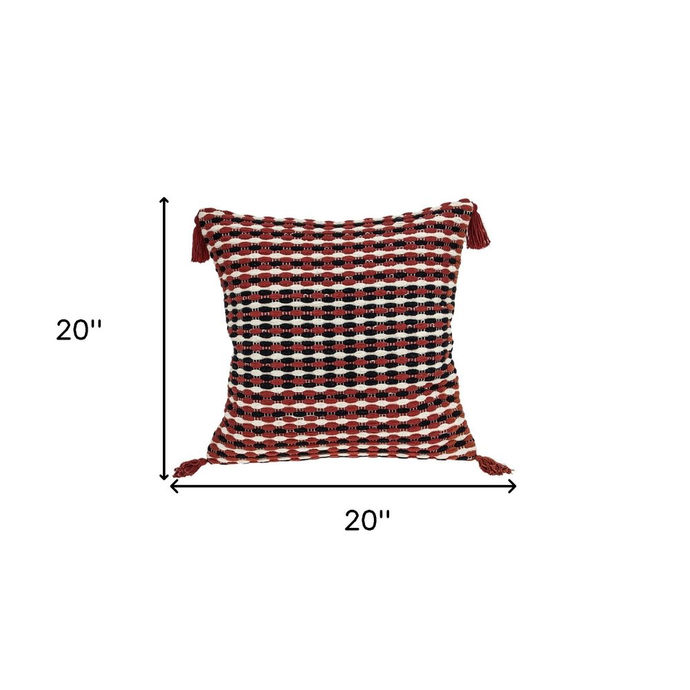 20" Red and Black Cotton Throw Pillow with Tassels