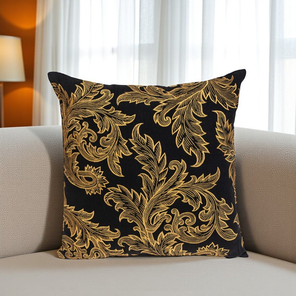 22" Black and Orange Floral Cotton Throw Pillow With Embroidery