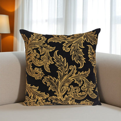 22" Black and Orange Floral Cotton Throw Pillow With Embroidery
